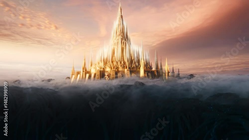 Crystal city on the horizon above clouds, magical utopian architecture with futuristic spires in a vibrant sky, fantasy scenery