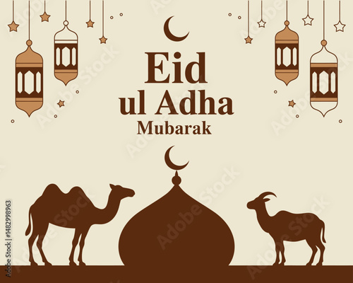 Eid ul Adha Mubarak with sacrificed animal,s mosqu,e and lanterns