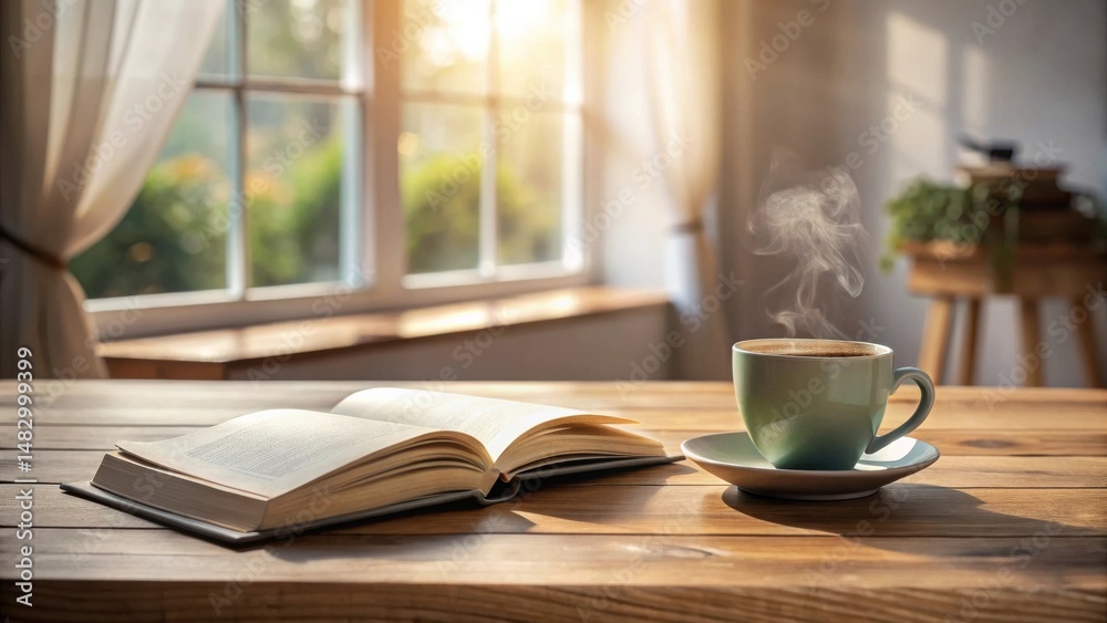 A tranquil morning scene featuring a steaming cup of coffee and an open book resting on a sunlit wooden table near a window A tranquil morning scene featuring a steaming cup of coffee and an open book resting on a sunlit wooden table near a window