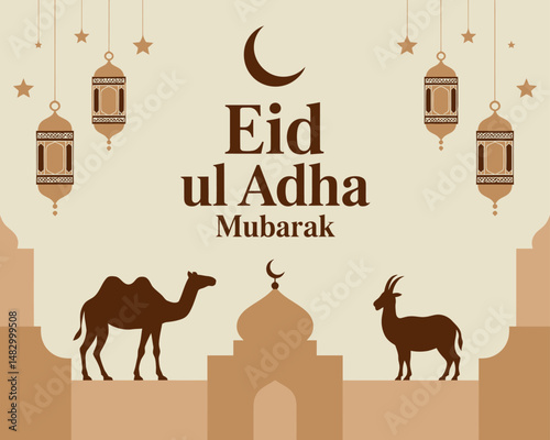 Eid ul Adha Mubarak with sacrificed animal,s mosqu,e and lanterns