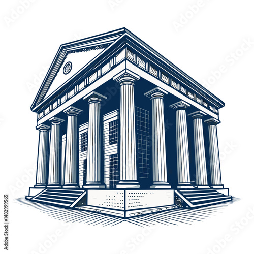 Create a bold-stroke vector illustration of a classic bank building, emphasizing strong lines and architectural details.  Include a prominent entrance and columns.