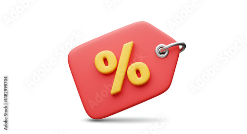 3D Render: Red Sale Tag with Yellow Percentage Symbol