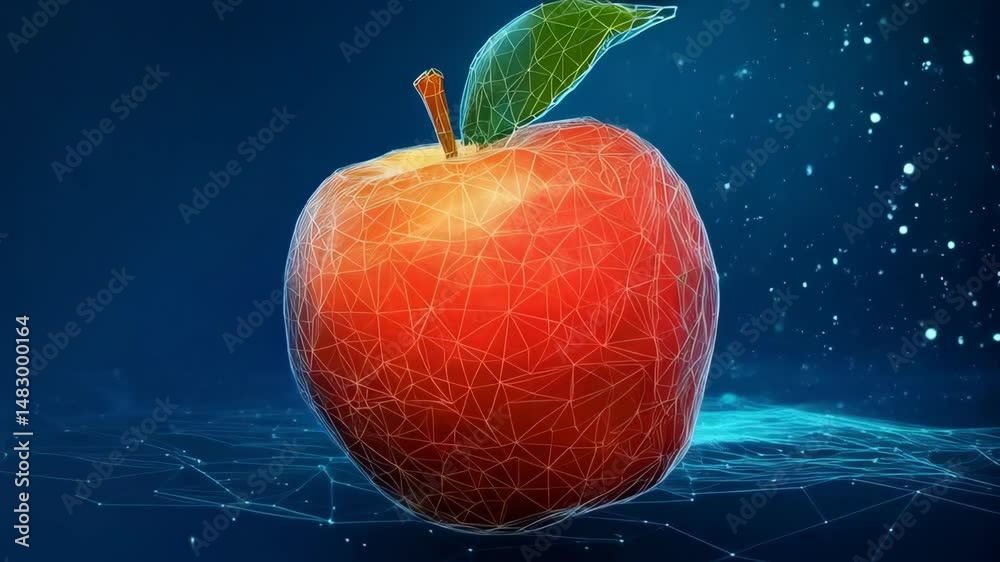 Abstract polygonal apple with a leaf, connected lines on dark blue background, digital representation, modern technology concept, futuristic food