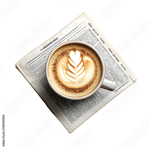 Cappuccino latte art on newspaper