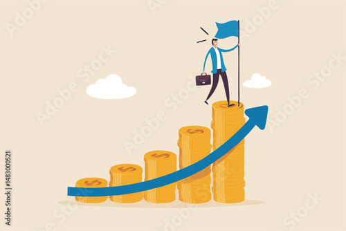 Financial success, profit or compound interest to grow investment fund and reach goal, income or wealth accumulation, stock market earning concept, businessman holding success flag on money stack.