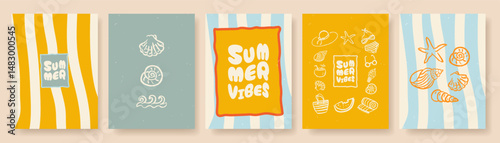 Abstract summer poster set with trendy hand drawn beach and vacation doodle elements. Trendy sketchy line art for wall decor, card, branding, ads, print.