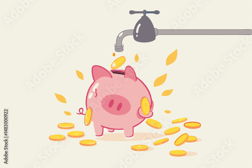 Money leaking, overspending or expense that reducing wealth or saving, fees or debt money loss, bankruptcy or poor, spending concept, faucet with money income flow into broken leaking piggy bank.