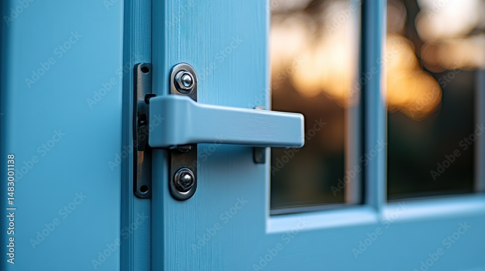 Close-up of a light blue door handle and latch Close-up of a light blue door handle and latch