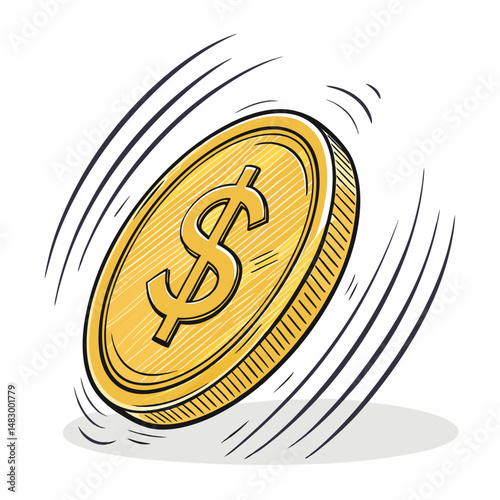 Create a vector illustration of a bold, stylized dollar coin flipping in mid-air, emphasizing dynamic movement and strong lines.