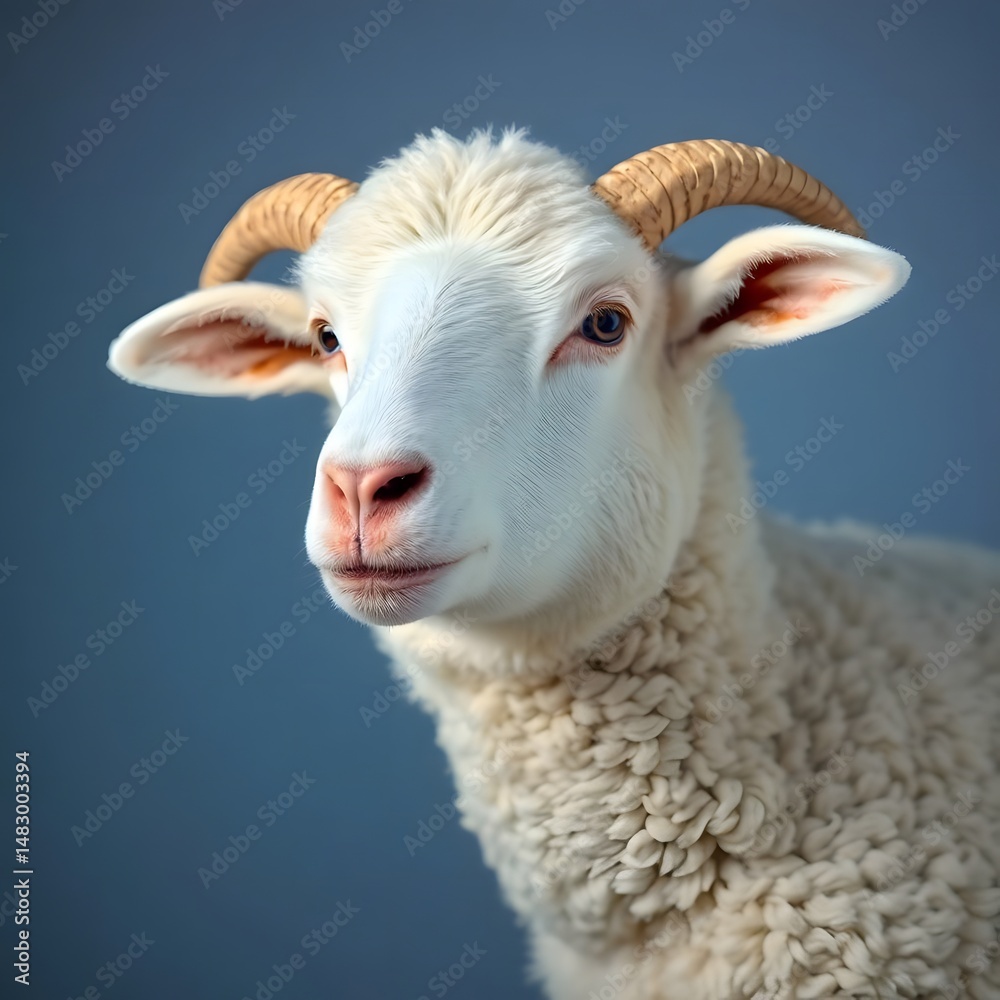 Fototapeta premium Close-Up Portrait of a White Horned Sheep Facing Forward – Clean Wool Texture, Farm Animal Concept, Perfect for Agriculture, Eid al-Adha, and Livestock-Themed Visuals