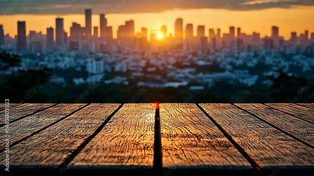 Sunrise over city skyline from wooden table