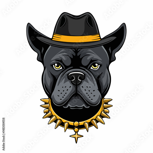 Gangster bulldog mascot with hat and necklace