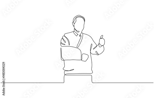 One line drawing of man with broken arm wearing arm splint, Continuous one line drawing of man with broken arm wearing arm splint lying on a bed in the hospital.