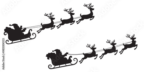 Santa Claus is flying in sleigh with Christmas reindeer silhouettes, Silhouette of Santa Claus, sleigh with Christmas	
