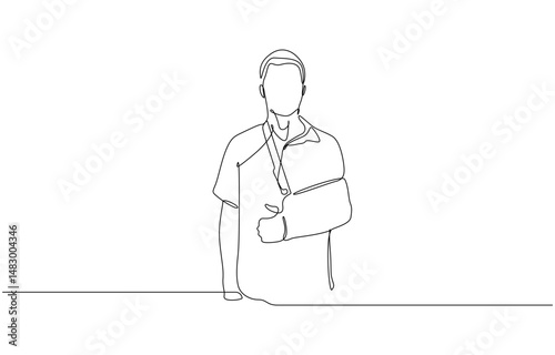 One line drawing of man with broken arm wearing arm splint, Continuous one line drawing of man with broken arm wearing arm splint lying on a bed in the hospital.