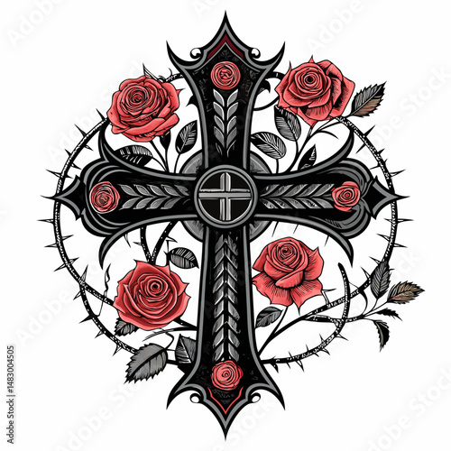 Create a vector illustration of a bold, gothic cross incorporating the letter 'R' within its design.  Ensure strong, defined strokes.