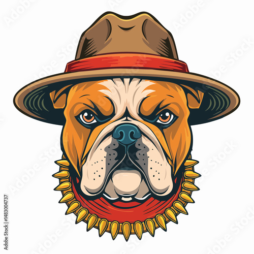 Gangster bulldog mascot with hat and necklace
