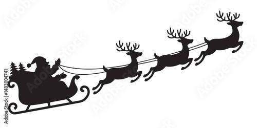 Santa Claus is flying in sleigh with Christmas reindeer silhouettes, Silhouette of Santa Claus, sleigh with Christmas	
