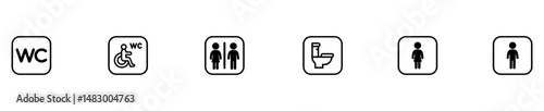 Toilet icon. WC sign. Printable sticker of toilet symbol sign with woman wc man handicapped baby icons. Restroom bathroom and change room sign. WC door plate symbol illustration. Vector Illustration. 