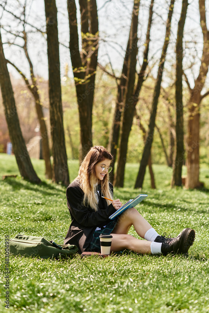 Pretty college girl studies in stylish uniform on a sunny day in the park Pretty college girl studies in stylish uniform on a sunny day in the park