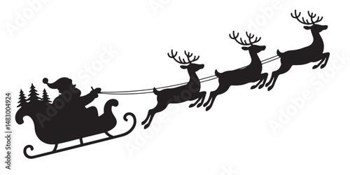 Santa Claus is flying in sleigh with Christmas reindeer silhouettes, Silhouette of Santa Claus, sleigh with Christmas	
