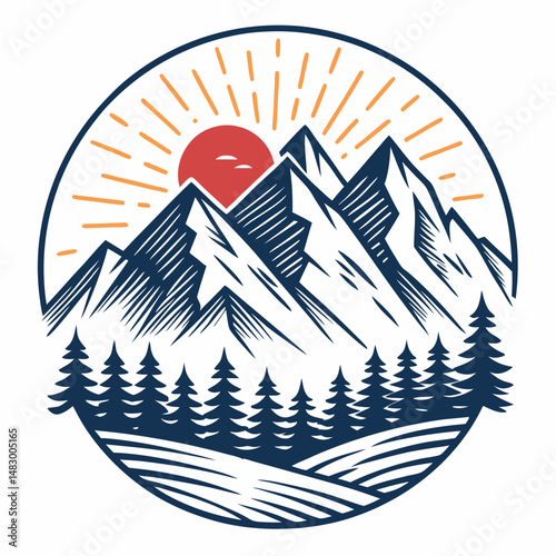 Create a bold, vector illustration of a majestic mountain range silhouette, featuring thick black strokes and sharp peaks.