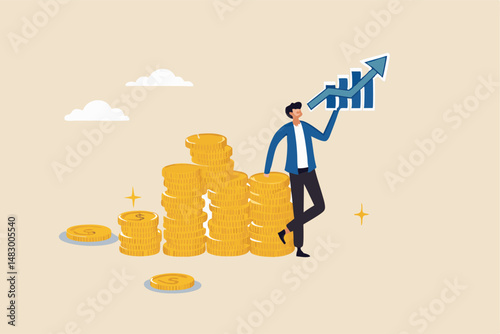 Success investment growth, wealth management, saving or increase income, rich life, earning profit or growing pension fund, prosperity concept, rich businessman with coin stack and growth chart.