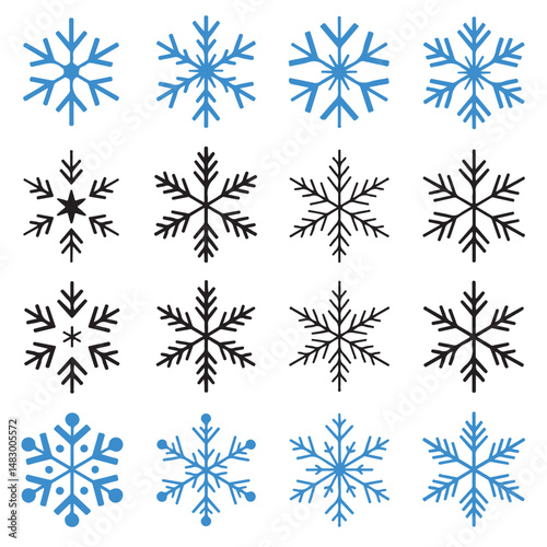 set of black vector various snowflakes silhouettes icon	