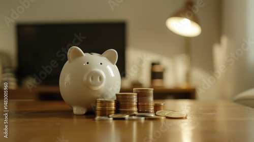Piggy bank beside stacked coins on a wooden table in front of a TV. Focus is on saving