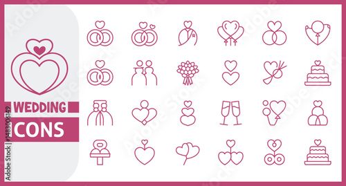 Elegant Line Icon Set in Linear Style Featuring Wedding Themed Symbols Including Bride, Groom, Lovers, Wedding Rings, Cake, and Car in Conceptual Outline Design