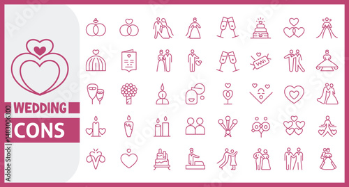 Elegant Line Icon Set in Linear Style Featuring Wedding Themed Symbols Including Bride, Groom, Lovers, Wedding Rings, Cake, and Car in Conceptual Outline Design