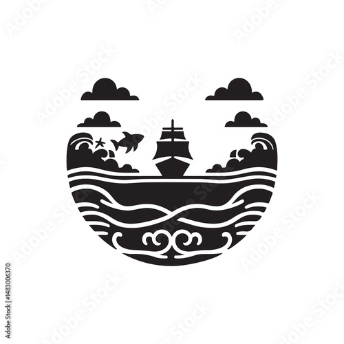 World Oceans Day Silhouette Vector Illustration, Solid White Background.