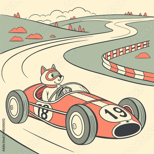 cat riding racer formula one car in retro vintage art style vector illustration