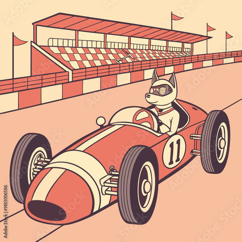 cat riding racer formula one car in retro vintage art style vector illustration