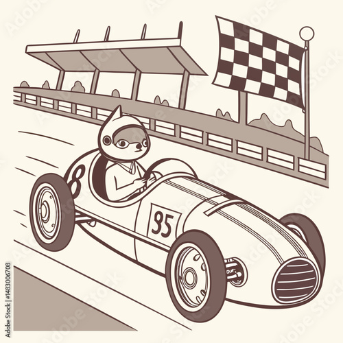 cat riding racer formula one car in retro vintage art style vector illustration