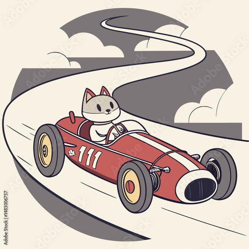cat riding racer formula one car in retro vintage art style vector illustration