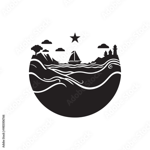 World Oceans Day Silhouette Vector Illustration, Solid White Background.