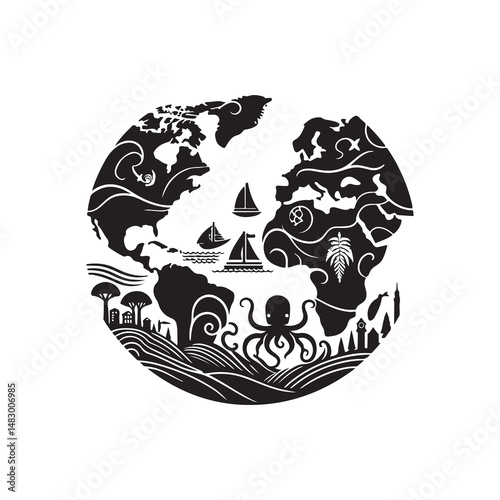 World Oceans Day Silhouette Vector Illustration, Solid White Background.