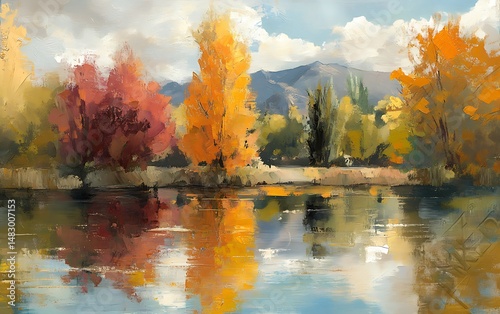 Autumnal trees reflect brilliantly in calm water with distant mountains under a partly cloudy sky