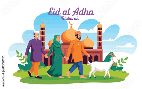 Happy Eid Al Adha Mubarak with family and sacrifice goat
