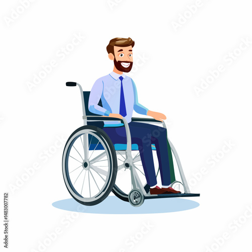 Adult man sitting in a wheelchair, isolated on white background