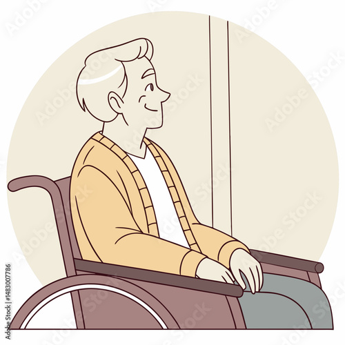 Adult man sitting in a wheelchair, isolated on white background