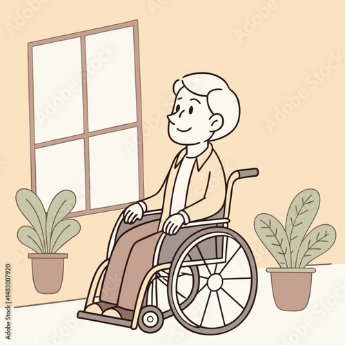 Adult man sitting in a wheelchair, isolated on white background