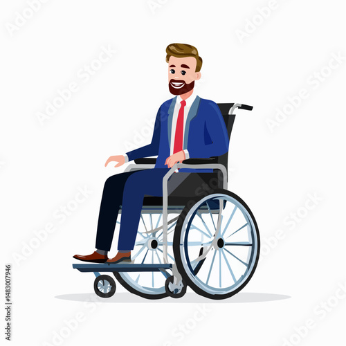 Adult man sitting in a wheelchair, isolated on white background