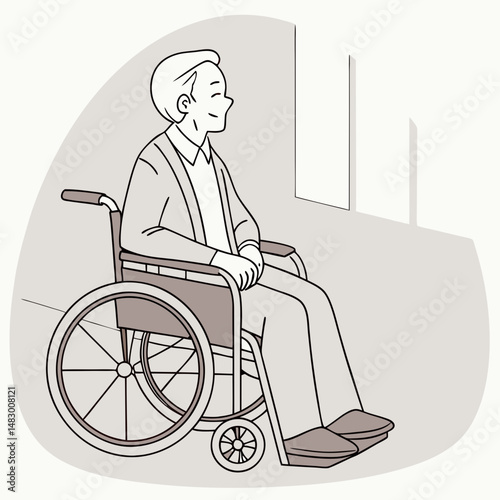 Adult man sitting in a wheelchair, isolated on white background