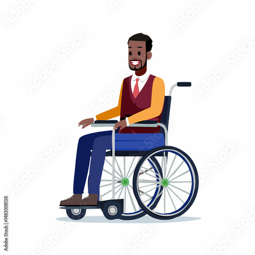 Adult man sitting in a wheelchair, isolated on white background