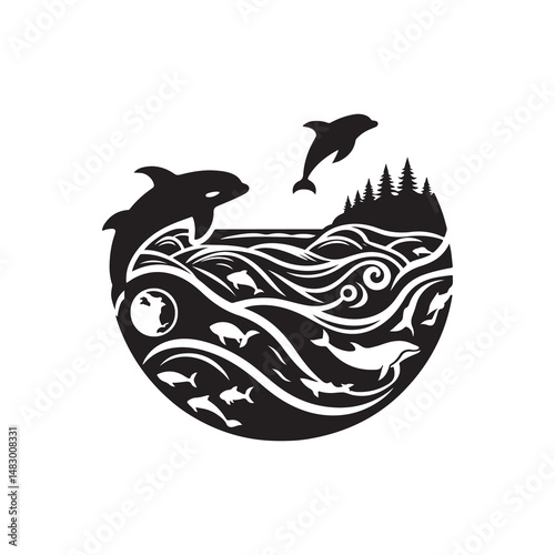 World Oceans Day Silhouette Vector Illustration, Solid White Background.
