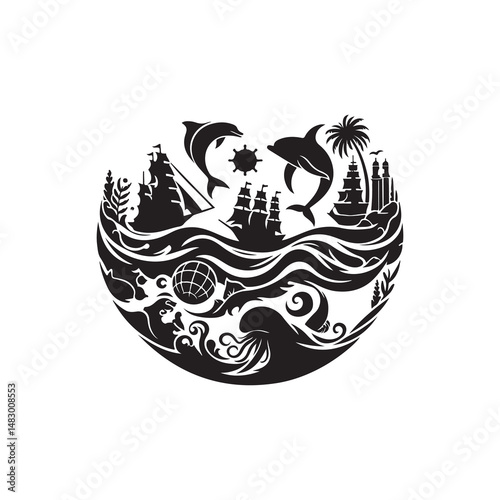 World Oceans Day Silhouette Vector Illustration, Solid White Background.