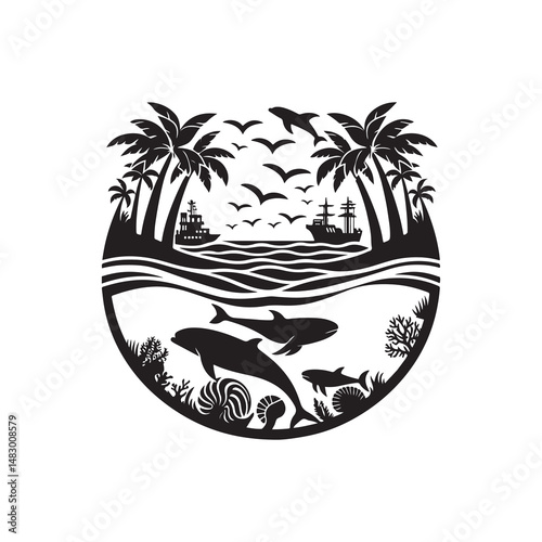 World Oceans Day Silhouette Vector Illustration, Solid White Background.
