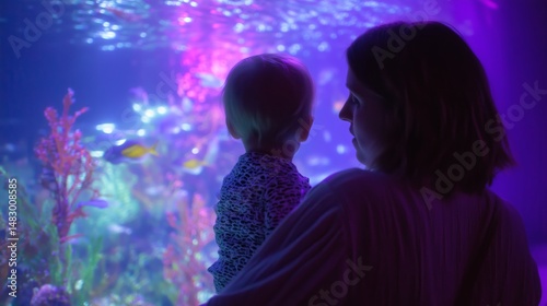 Obraz na płótnie Parent and child explore colorful aquarium at night surrounded by vibrant marine life w salonie